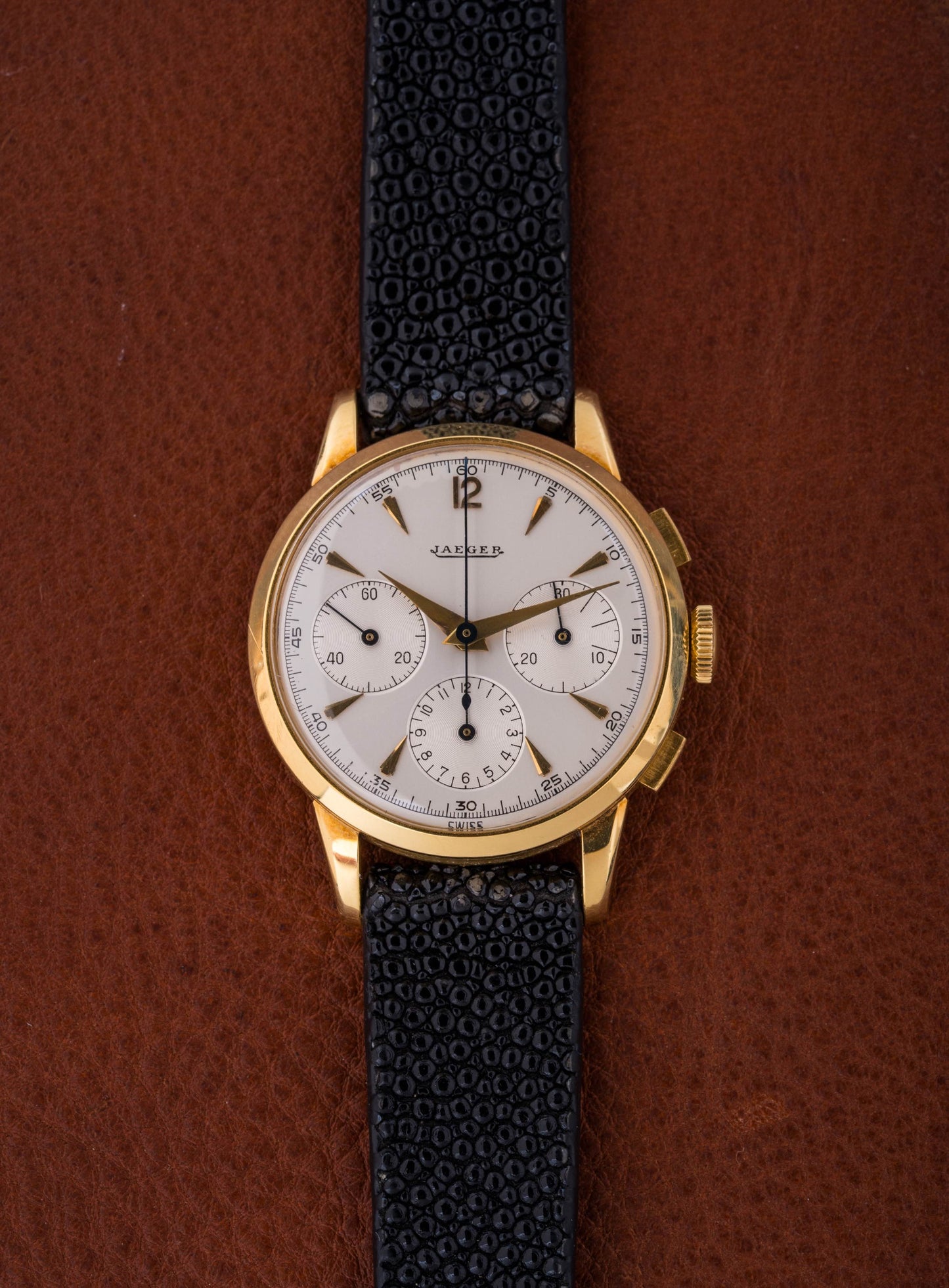 Jaeger Chronograph 1950s Valjoux 72 Yellow Gold NOS