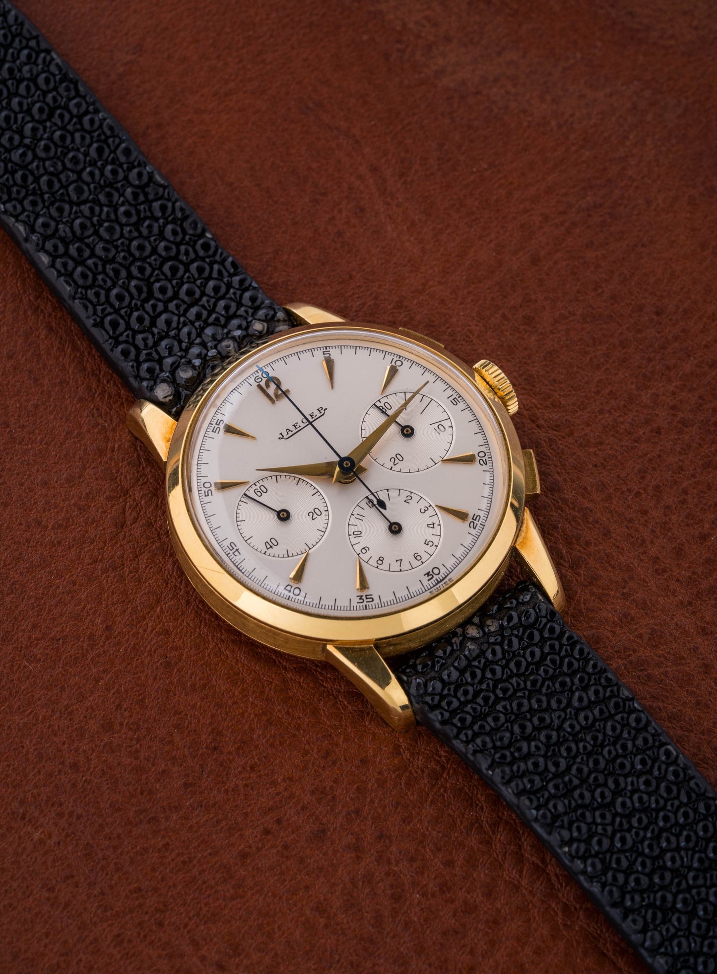 Jaeger Chronograph 1950s Valjoux 72 Yellow Gold NOS